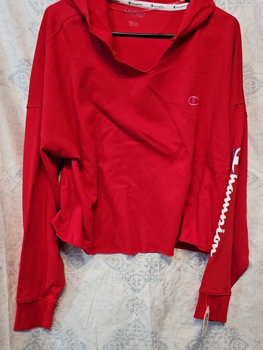 Champion Red Cropped Terry  Light weight Hoodie with Sleeve Script